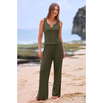 PRETTYGARDEN Women's Summer Casual Two Piece Outfits Sweatsuits Tank Scoop Neck Ribbed Knit Long Pants Tracksuits