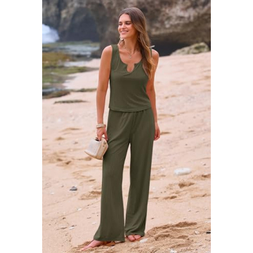 PRETTYGARDEN Women's Summer Casual Two Piece Outfits Sweatsuits Tank Scoop Neck Ribbed Knit Long Pants Tracksuits