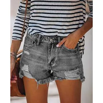 MINGALONDON Jean Shorts for Women High Waist Casual Frayed Destroy Plus Size Ripped Denim Shorts Gre...