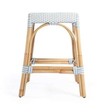 Beaumont Lane 24.5" Transitional Rattan Counter Stool in White/Sky Blue