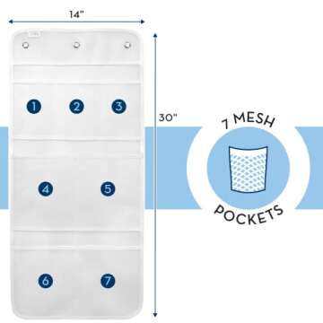 S&T INC. Shower Organizer, Shower Caddy or Bathroom Organizer with Quick Drying Mesh, 7 Pockets to Hold Shampoo, Soap, Loofah, and Cruise Ship Essentials, 14 Inch by 30 Inch, White, 1 Pack