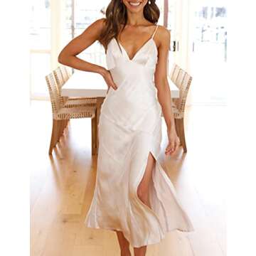 Satin Slip V Neck Maxi Dresses for Wedding Guest-Silk Sexy Slit Midi Formal Dresses for Women Evening Party