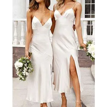 Satin Slip V Neck Maxi Dresses for Wedding Guest-Silk Sexy Slit Midi Formal Dresses for Women Evening Party