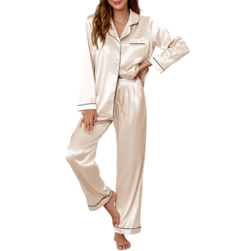 HDLTE 2 Piece Silk Pajamas for Women Set Button Down Lounge Sleepwear Womens Pj Outfits V Neck Night...