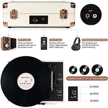 Turntable Vinyl Record Player 3-Speed Suitcase Portable Belt-Driven Record Player with Built-in Speakers RCA Line Out AUX in Headphone Jack Vintage White