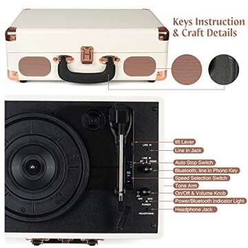 Turntable Vinyl Record Player 3-Speed Suitcase Portable Belt-Driven Record Player with Built-in Speakers RCA Line Out AUX in Headphone Jack Vintage White