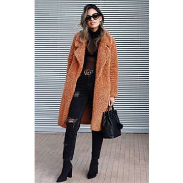 Angashion Women's Fuzzy Fleece Lapel Open Front Long Cardigan Coat Faux Fur Warm Winter Outwear Jackets Caramel S