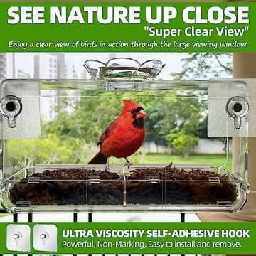 WENMIXER Window Bird Feeder with Non-Marking Self-Adhesive Hooks, Clear Window Bird Feeder for Outsi...