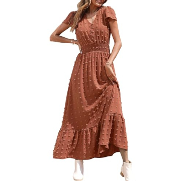 PRETTYGARDEN Womens Summer Boho Short Sleeve V Neck Ruffle Tiered Maxi Dress Swiss Dot Smocked Dress A Line Beach Long Dress(Orange Red,Medium)