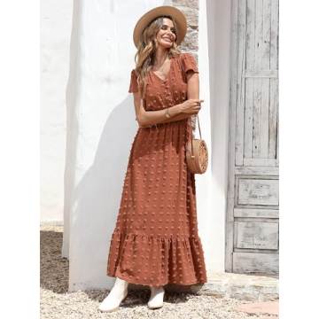 PRETTYGARDEN Womens Summer Boho Short Sleeve V Neck Ruffle Tiered Maxi Dress Swiss Dot Smocked Dress A Line Beach Long Dress(Orange Red,Medium)