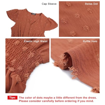 PRETTYGARDEN Womens Summer Boho Short Sleeve V Neck Ruffle Tiered Maxi Dress Swiss Dot Smocked Dress A Line Beach Long Dress(Orange Red,Medium)