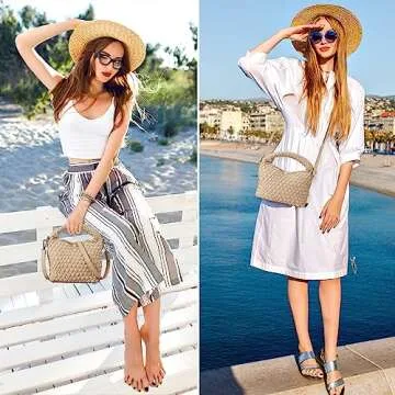 Woven Small Crossbody Tote Bag for Women - Weaving Purse Summer Weave Quilted Detachable Strap Handbag (Milk tea)