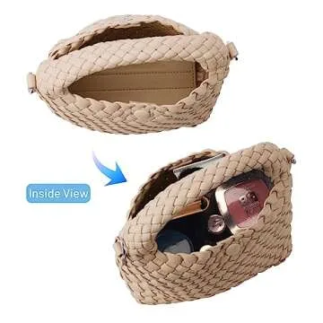 Woven Small Crossbody Tote Bag for Women - Weaving Purse Summer Weave Quilted Detachable Strap Handbag (Milk tea)