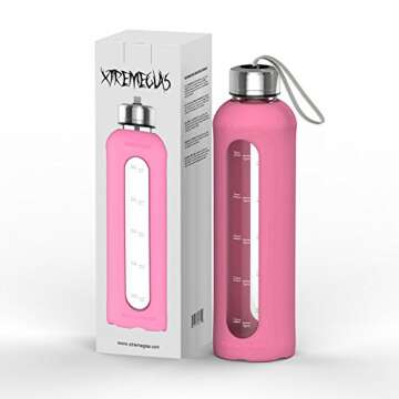 32 Oz Glass Water Bottle With Silicone Sleeve Leak Proof Lid 1L Time Marked Measurements BPA-Free Fo...