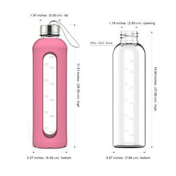 32 Oz Glass Water Bottle With Silicone Sleeve Leak Proof Lid 1L Time Marked Measurements BPA-Free For To-Go Travel At Home Reusable Eco Friendly Safe For Hot Liquids Tea Coffee Daily Intake (Pink)