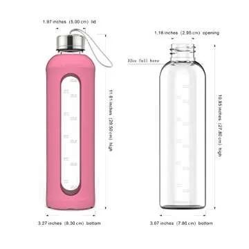 32 Oz Glass Water Bottle With Silicone Sleeve Leak Proof Lid 1L Time Marked Measurements BPA-Free For To-Go Travel At Home Reusable Eco Friendly Safe For Hot Liquids Tea Coffee Daily Intake (Pink)