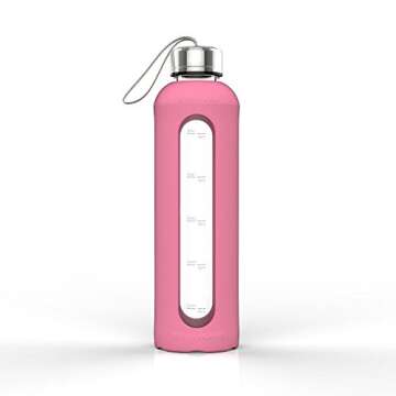 32 Oz Glass Water Bottle With Silicone Sleeve Leak Proof Lid 1L Time Marked Measurements BPA-Free For To-Go Travel At Home Reusable Eco Friendly Safe For Hot Liquids Tea Coffee Daily Intake (Pink)