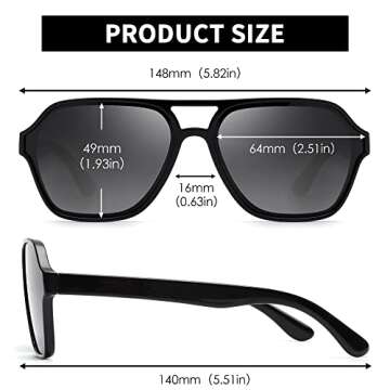 GLINDAR Men's Polarized Aviator Sunglasses Vintage Square Driving Glasses (Shiny Black Frame/Polarized Grey Lens)