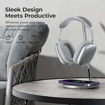 BENKS Headphone Stand, Airpods Max Stand with Wireless Charging, Desktop Headset Holder, Gaming Headset Accessories, for AirPods Max, Beats, Bose, Sony, Senheiser (White, with Wireless Charging Base)