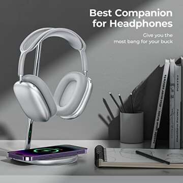 BENKS Headphone Stand, Airpods Max Stand with Wireless Charging, Desktop Headset Holder, Gaming Headset Accessories, for AirPods Max, Beats, Bose, Sony, Senheiser (White, with Wireless Charging Base)