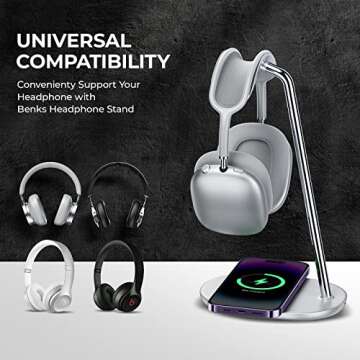 BENKS Headphone Stand, Airpods Max Stand with Wireless Charging, Desktop Headset Holder, Gaming Headset Accessories, for AirPods Max, Beats, Bose, Sony, Senheiser (White, with Wireless Charging Base)