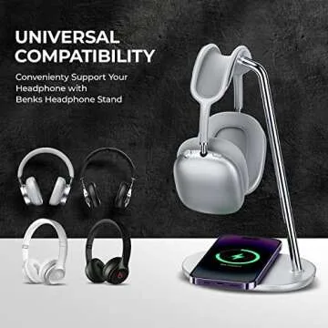 BENKS Headphone Stand, Airpods Max Stand with Wireless Charging, Desktop Headset Holder, Gaming Headset Accessories, for AirPods Max, Beats, Bose, Sony, Senheiser (White, with Wireless Charging Base)