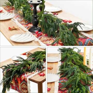 Artificial Norfolk Pine Garland for Christmas Decorations, Realistic Faux Greenery Garlands with Pine Cone for Holiday Mantle Stair Indoor Outdoor Decor