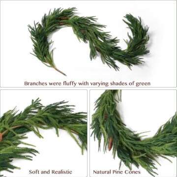 Artificial Norfolk Pine Garland for Christmas Decorations, Realistic Faux Greenery Garlands with Pine Cone for Holiday Mantle Stair Indoor Outdoor Decor