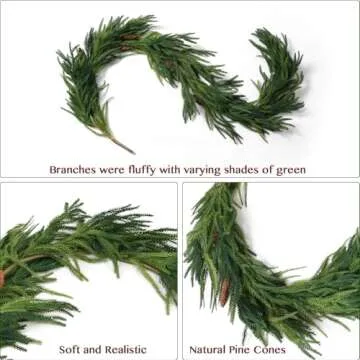 Artificial Norfolk Pine Garland for Christmas Decorations, Realistic Faux Greenery Garlands with Pine Cone for Holiday Mantle Stair Indoor Outdoor Decor