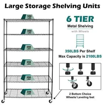 WDT NSF Certified Storage Shelves on Wheels, Heavy Duty Metal Shelves for Storage with Adjustable Stand, 6-Tier Wire Shelving Unit for Garage Pantry Kitchen Shelf Rack, 47" D x 17" W x 80" H