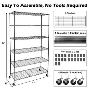 WDT NSF Certified Storage Shelves on Wheels, Heavy Duty Metal Shelves for Storage with Adjustable Stand, 6-Tier Wire Shelving Unit for Garage Pantry Kitchen Shelf Rack, 47" D x 17" W x 80" H