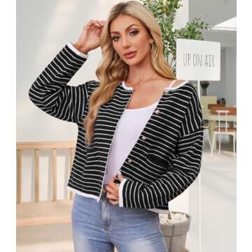 ETOSELL Women's Cardigan Sweaters Striped Sweater Jacket with Pockets Button Down 2024 Fall Knit Casual Coat Cropped Outwear