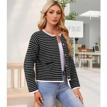 ETOSELL Women's Cardigan Sweaters Striped Sweater Jacket with Pockets Button Down 2024 Fall Knit Casual Coat Cropped Outwear