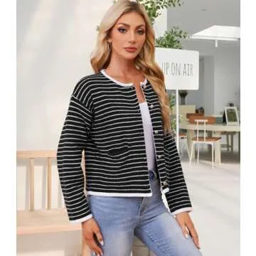 ETOSELL Women's Cardigan Sweaters Striped Sweater Jacket with Pockets Button Down 2024 Fall Knit Casual Coat Cropped Outwear