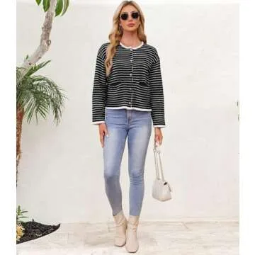 ETOSELL Women's Cardigan Sweaters Striped Sweater Jacket with Pockets Button Down 2024 Fall Knit Casual Coat Cropped Outwear