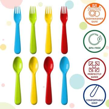 Plaskidy 16 Pcs Plastic Toddler Utensils Set 8 Kids Forks and 8 Kids Spoons BPA Free/Dishwasher Safe...