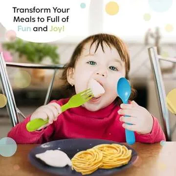 Plaskidy 16 Pcs Plastic Toddler Utensils Set 8 Kids Forks and 8 Kids Spoons BPA Free/Dishwasher Safe Toddler Silverware Brightly Colored Kid Plastic Cutlery Set, Great for Kids and Toddlers Utensils