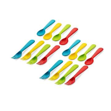 Plaskidy 16 Pcs Plastic Toddler Utensils Set 8 Kids Forks and 8 Kids Spoons BPA Free/Dishwasher Safe Toddler Silverware Brightly Colored Kid Plastic Cutlery Set, Great for Kids and Toddlers Utensils