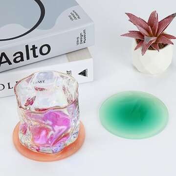 Acrylic Coaster, 6 Pcs Drink Coasters Colorful Acrylic Coaster Set Cute Coasters Round Heat Resistant Holder Anti Slip Table Coasters with Metal Holder Stand for Table Bar Desk Home Decor