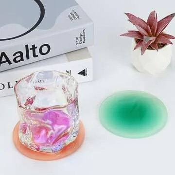 Acrylic Coaster, 6 Pcs Drink Coasters Colorful Acrylic Coaster Set Cute Coasters Round Heat Resistant Holder Anti Slip Table Coasters with Metal Holder Stand for Table Bar Desk Home Decor