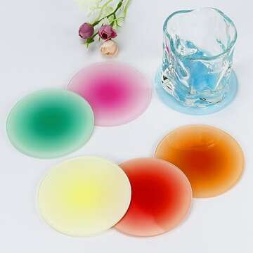 Acrylic Coaster, 6 Pcs Drink Coasters Colorful Acrylic Coaster Set Cute Coasters Round Heat Resistant Holder Anti Slip Table Coasters with Metal Holder Stand for Table Bar Desk Home Decor