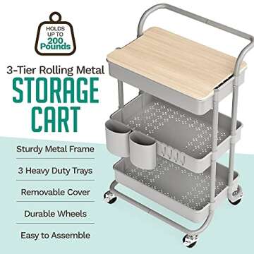 3 Tier Rolling Cart, with Table Top, Rolling Storage Cart with Handles and Locking Wheels, Utility Cart with 2 Small Baskets and 4 Hooks for Bathroom. Office, Balcony, Living Room (Grey)