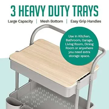 3 Tier Rolling Cart, with Table Top, Rolling Storage Cart with Handles and Locking Wheels, Utility Cart with 2 Small Baskets and 4 Hooks for Bathroom. Office, Balcony, Living Room (Grey)
