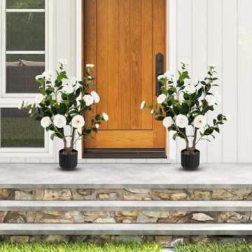 Goplus 38’’ Artificial Camellia Tree, Flower Plants Artificial Tree, Faux Floral Plant Blooming ...