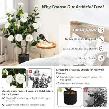 Goplus 38’’ Artificial Camellia Tree, Flower Plants Artificial Tree, Faux Floral Plant Blooming Tree in Cement Pot, Greenery Potted Plant for Indoor Outdoor Office Home Porch Decor