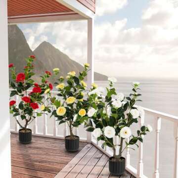 Goplus 38’’ Artificial Camellia Tree, Flower Plants Artificial Tree, Faux Floral Plant Blooming Tree in Cement Pot, Greenery Potted Plant for Indoor Outdoor Office Home Porch Decor