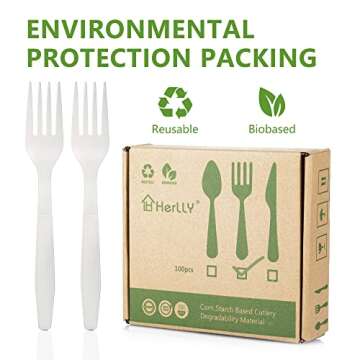 HERLLY Compostable Fork,100 Biodegradable Silverware for Party,Large Disposable Utensils Eco Friendly Durable and Heat Resistant,Alternative to Plastic Fork