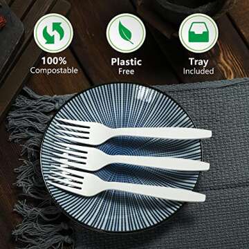HERLLY Compostable Fork,100 Biodegradable Silverware for Party,Large Disposable Utensils Eco Friendly Durable and Heat Resistant,Alternative to Plastic Fork