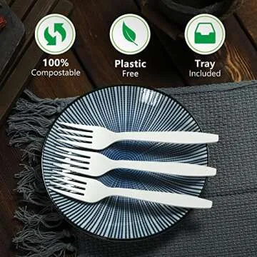 HERLLY Compostable Fork,100 Biodegradable Silverware for Party,Large Disposable Utensils Eco Friendly Durable and Heat Resistant,Alternative to Plastic Fork