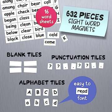 Poetry Tiles Sight Word Magnets for Fridge - 632 pc Home School Essentials - Magnetic Sight Words Sentence Building for Kids - Big .75" Tall Magnet Words - Fun Reading Learning Games for Kids Ages 5-7